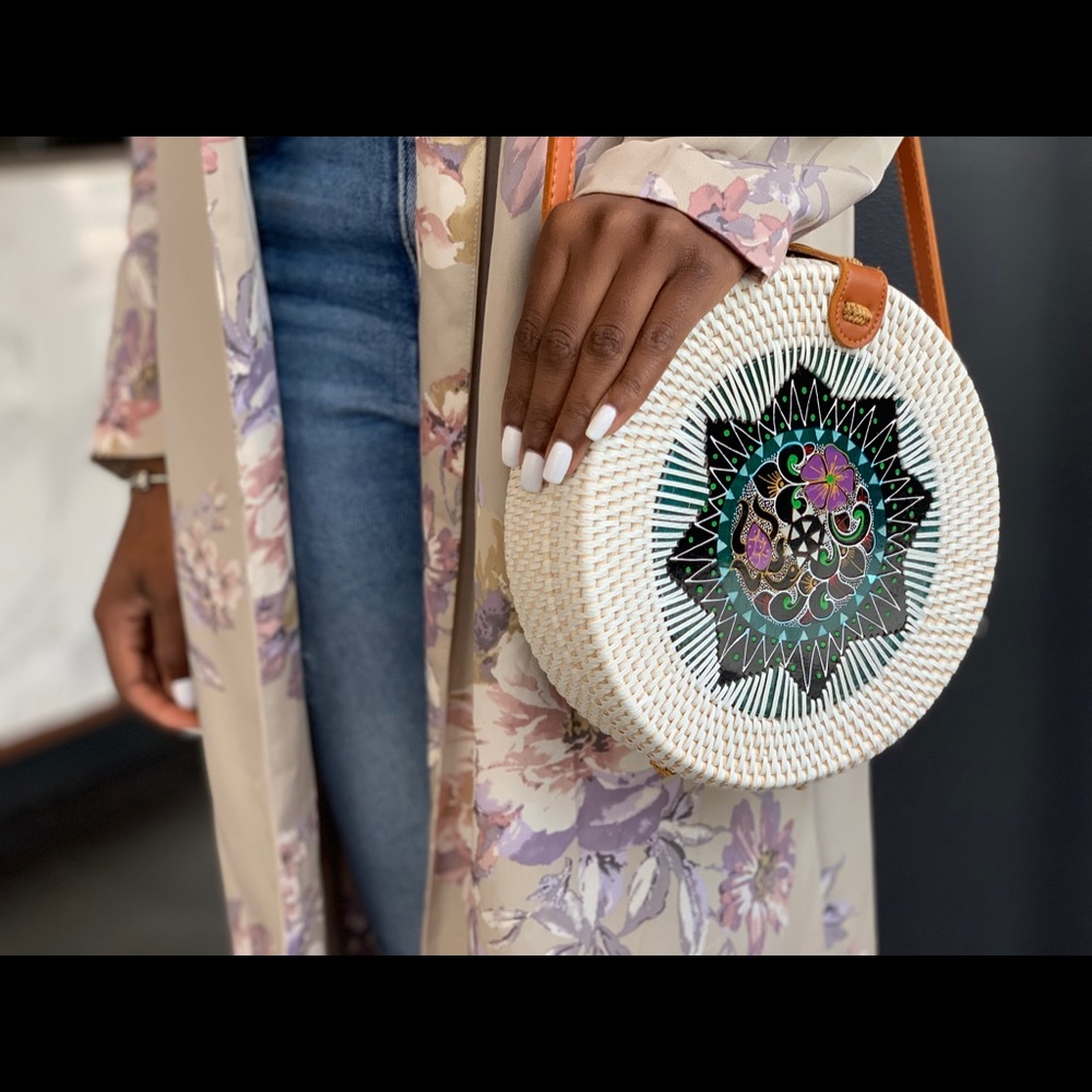 Leather Detail White Rattan Bag